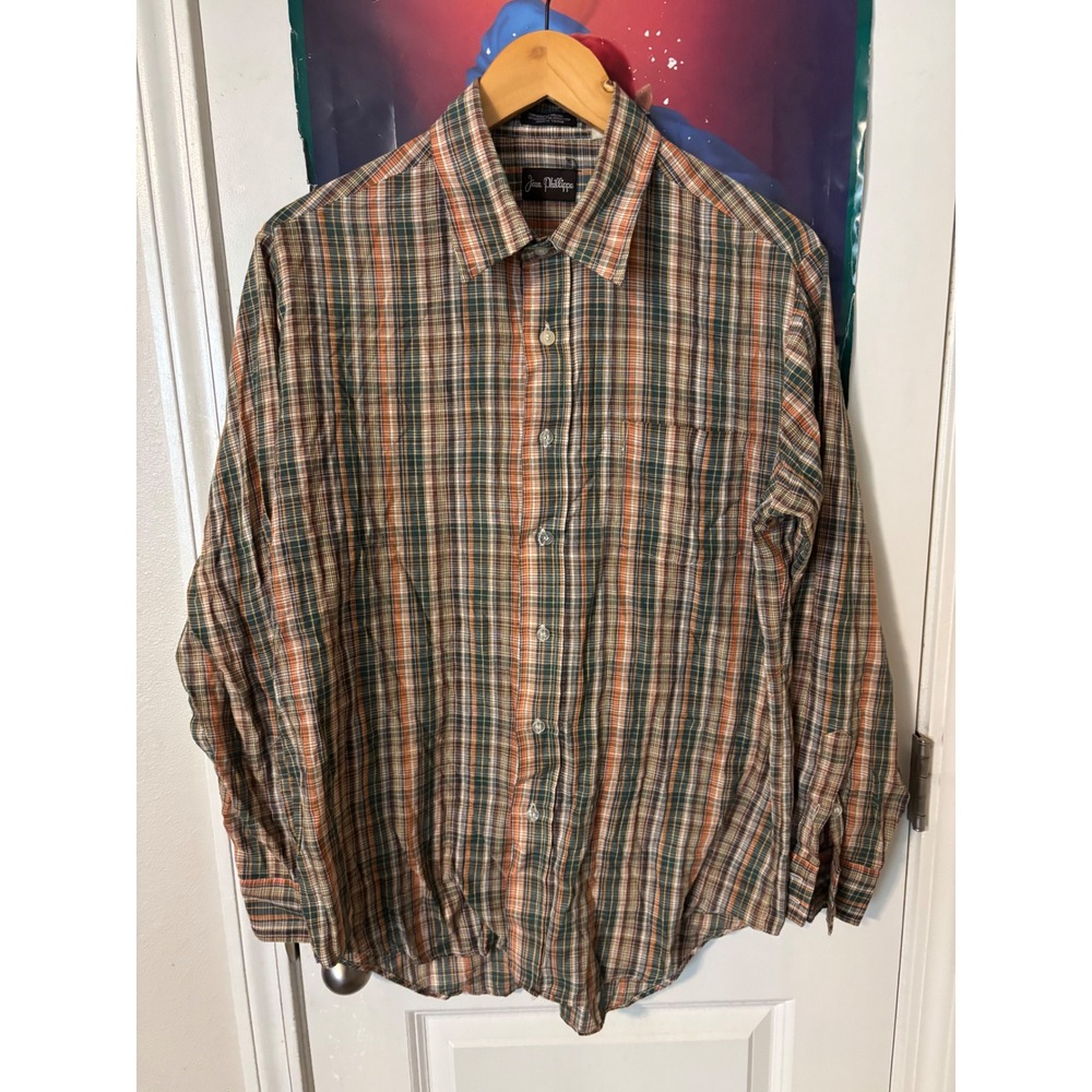 Jean Phillippe Vintage Plaid Button Down Shirt Mens Green Orange Long Sleeve L